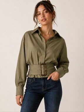 Aveloria Khaki Belted Peplum Blouse Large Long Sleeve Collared Top EUC
